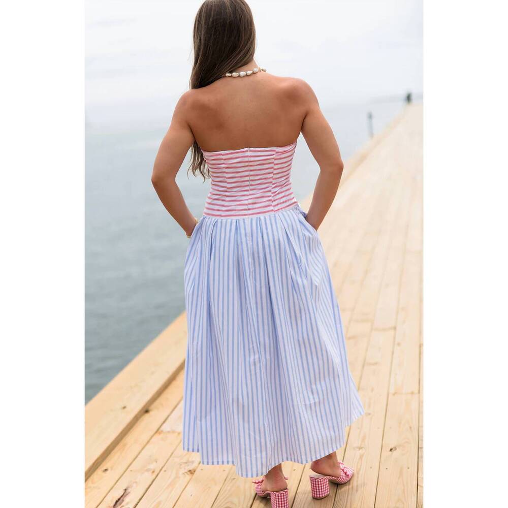 NEW TCEC coastal stripe strapless midi dress in blue - Picture 2 of 2